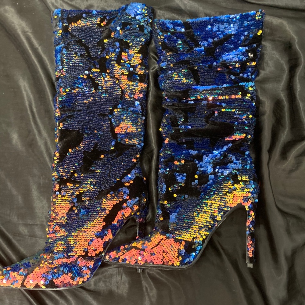 Multi-colored Blue Calf high sequined Boots